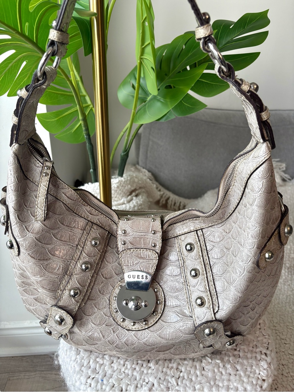 Rare Vintage Y2K GUESS Metallic Croc Studded Hobo Shoulder Bag McBling 2000s